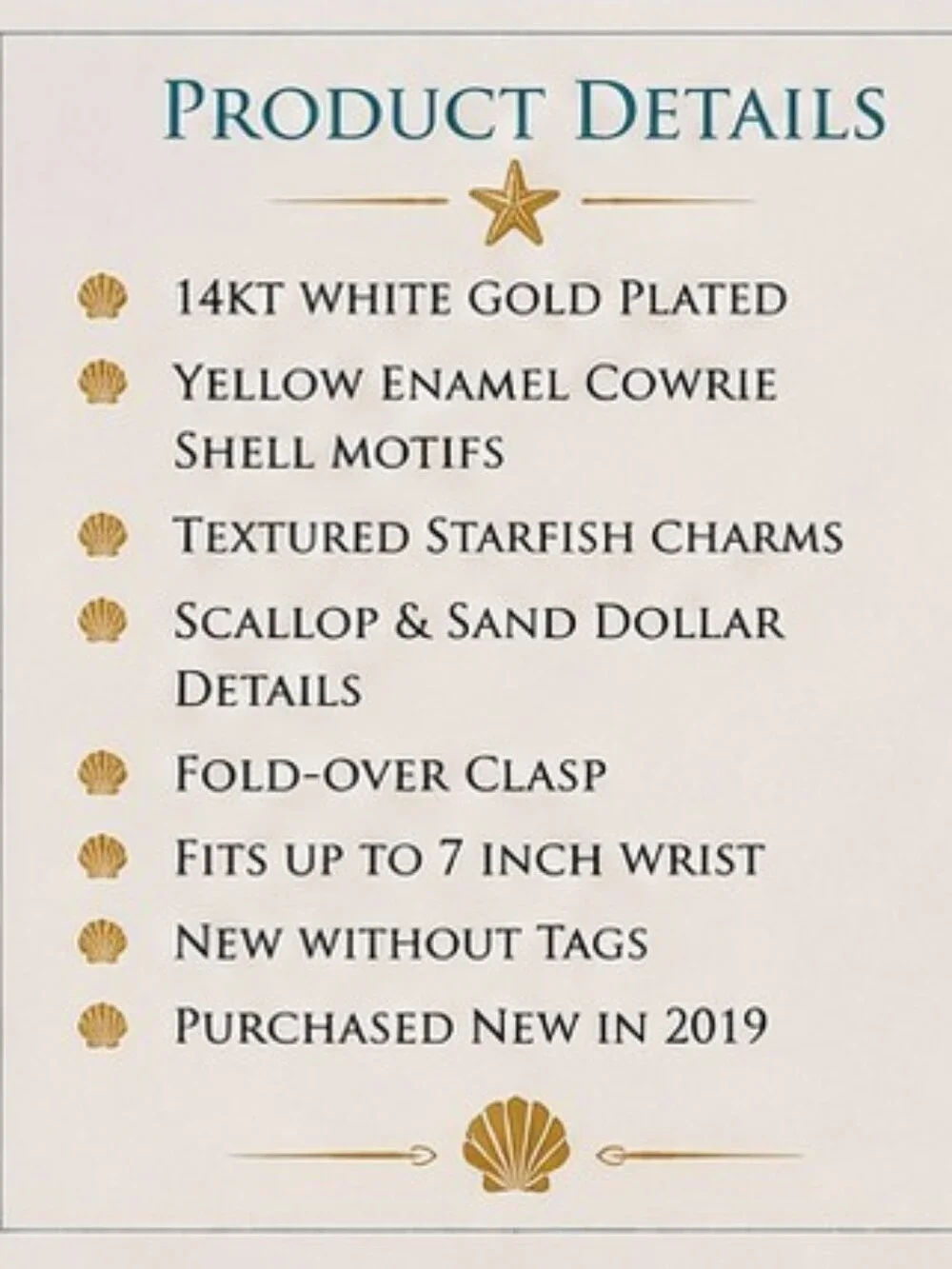 Coastal Starfish Seashell Bracelet 14K White Gold Plated Yellow Enamel NWOT